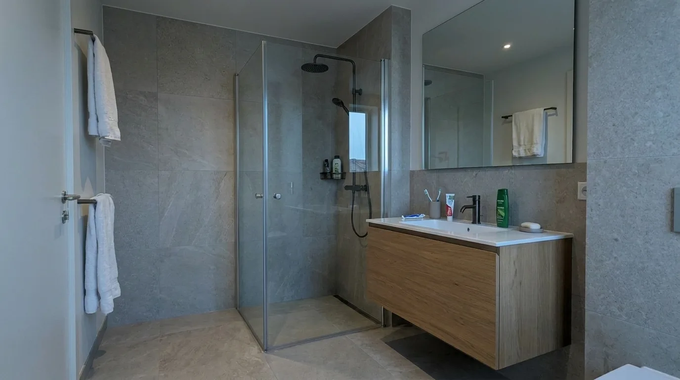 Vacation-rental bathroom before enhancement, with toiletries on the counter