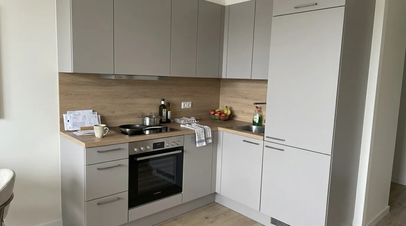 Vacation-rental kitchen before enhancement, with everyday clutter