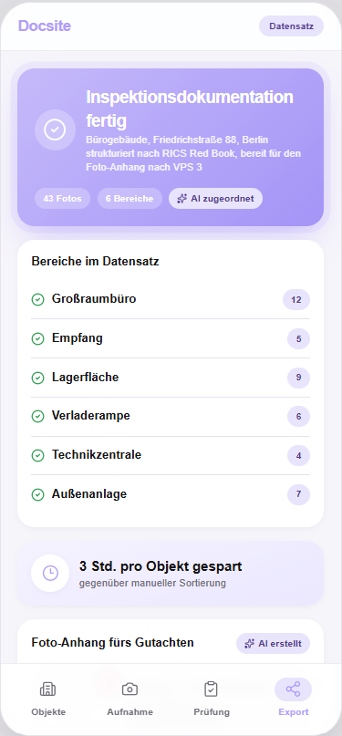 Appraisal AI Assistant gutachtenfertiger Datensatz mit strukturierten Bereichen