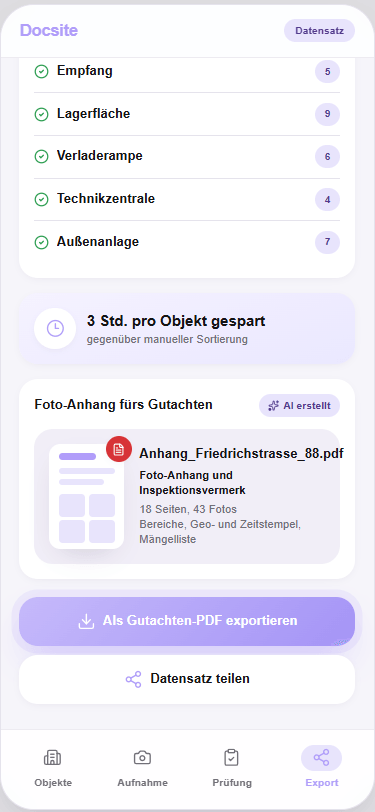 Appraisal AI Assistant Export als Gutachten-PDF mit Foto-Anhang