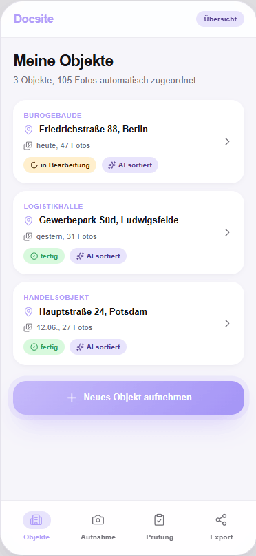 Appraisal AI Assistant Objektliste mit geordneten Aufträgen und Fotos