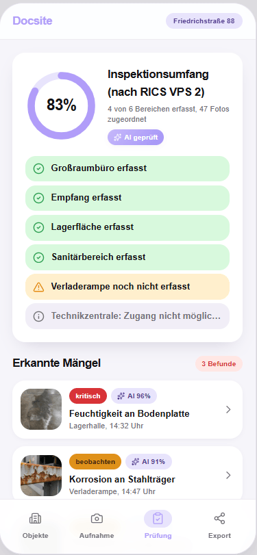 Appraisal AI Assistant Prüfung mit Umfang und dokumentierten Mängeln