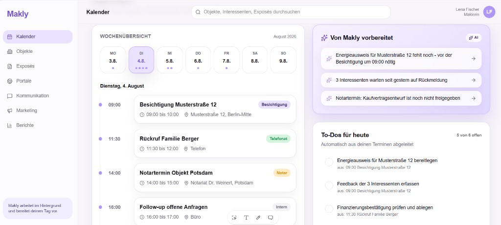 Makly Kalender mit Wochenübersicht, Terminen und automatisch abgeleiteten To-Dos