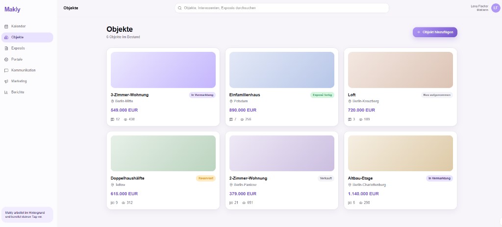 Makly-Prototyp mit Objektübersicht, Datensätzen und Status