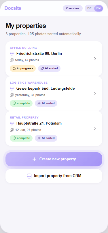 Appraisal AI Assistant property list with organized assignments and photos
