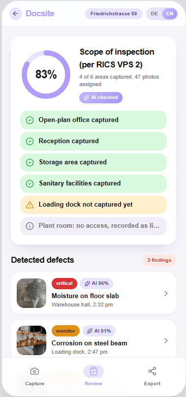 Appraisal AI Assistant inspection with scope and documented defects