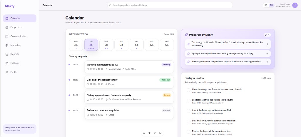 Makly calendar with a weekly overview, appointments and automatically derived to-dos