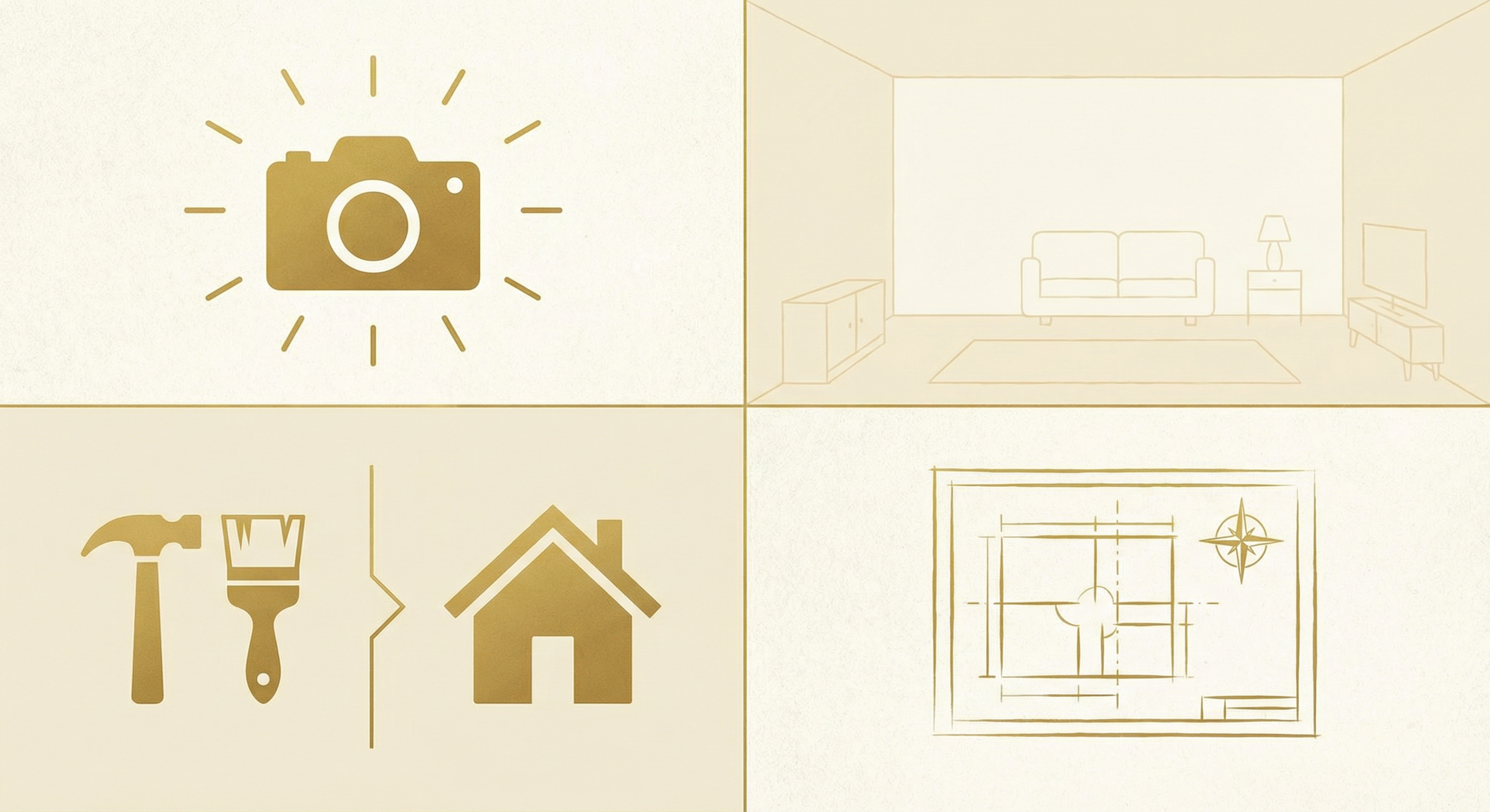 Four types of AI-enhanced images – photography, staging, renovation, concept